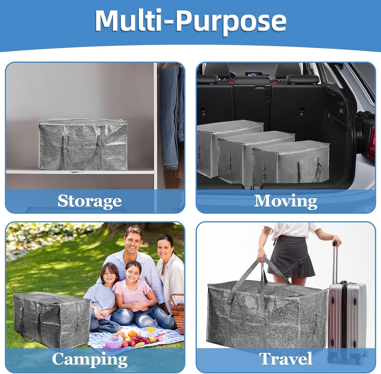 8 Pack-Extra Large Heavy Duty Moving Bags - Waterproof Storage Totes with Handles & Zippers, Foldable for College Dorm, Storage (Clear)