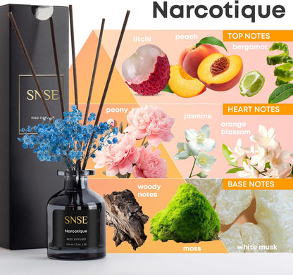 SNSE Tobaco & Vanilla with Flowers Perfumed Reed Diffuser Set | 3.38 oz Scent Fragrance Oil Diffuser for Bedroom, Bathroom, Home Décor and Gift, Decorative Air Fresheners with Sticks