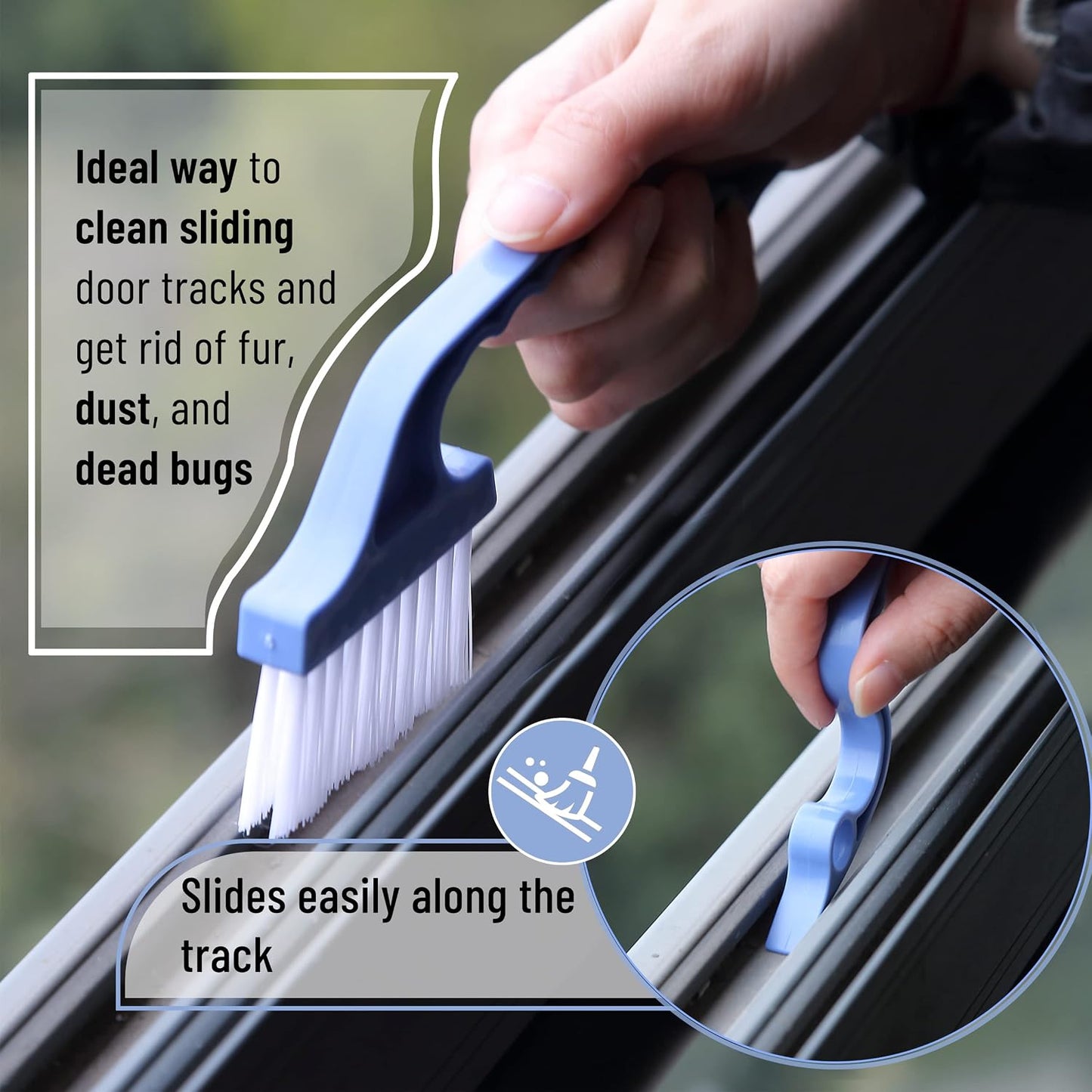 Slick- Window Track Cleaning Brush, 2 Pack, Blue Ergonomic Handle | Built-in Scraper, Multipurpose Window Track Cleaning Tool for Sliding Doors, Windows, Corners, Dust, Dirt & Narrow Gaps