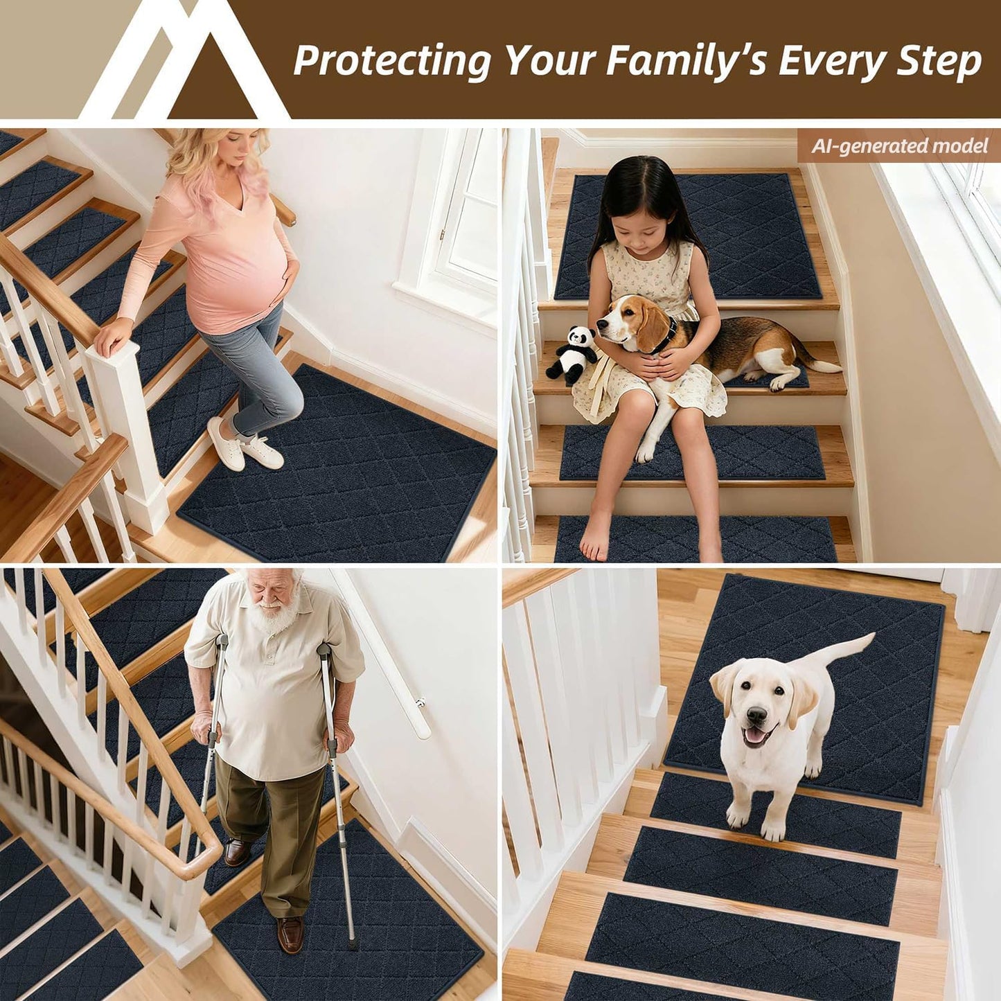 COSY HOMEER Edging Stair Treads Non-Slip Carpet Mat 28inX9in Indoor Stair Runners for Wooden Steps, Edging Stair Rugs for Kids and Dogs, 100% Polyester TPE Backing(4pc, Beige)