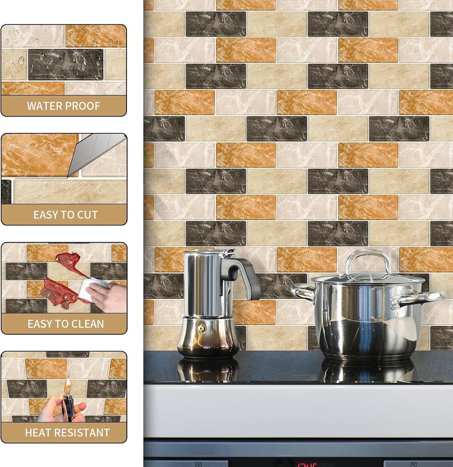 10 Sheets Peel and Stick Backsplash for Kitchen 12"X12" Back Splash Adhesive Subway Wall Tile Flat Vinyl Sticker for Bathroom on Renter Friendly Marble 2-6 (Not 3D Tile)
