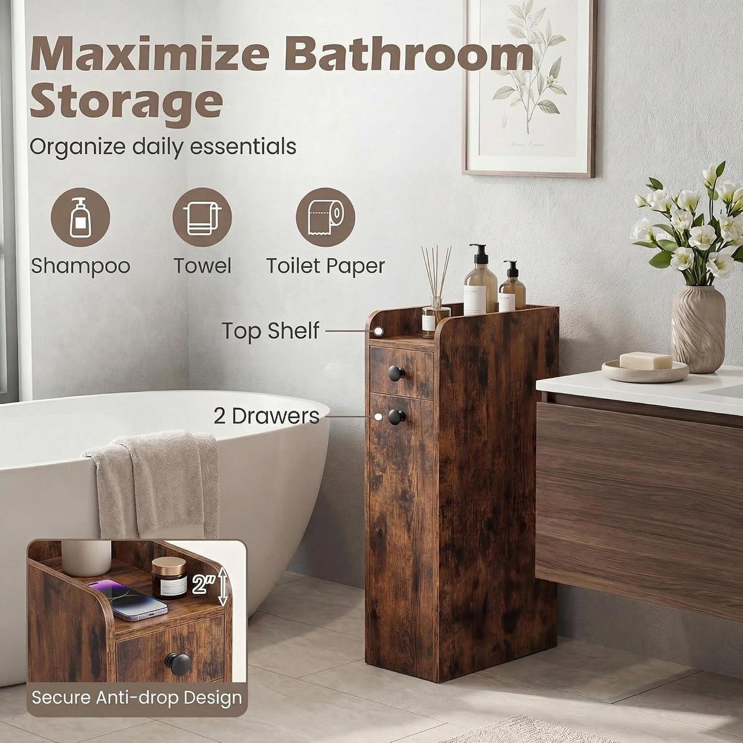 Tangkula Slim Bathroom Storage Cabinet, 4-Tier Narrow Small Side Storage Cabinet Next to Toilet, Slide Out Drawers on Casters, Bathroom Floor Organizer Toilet Paper Holder for Small Spaces (White)