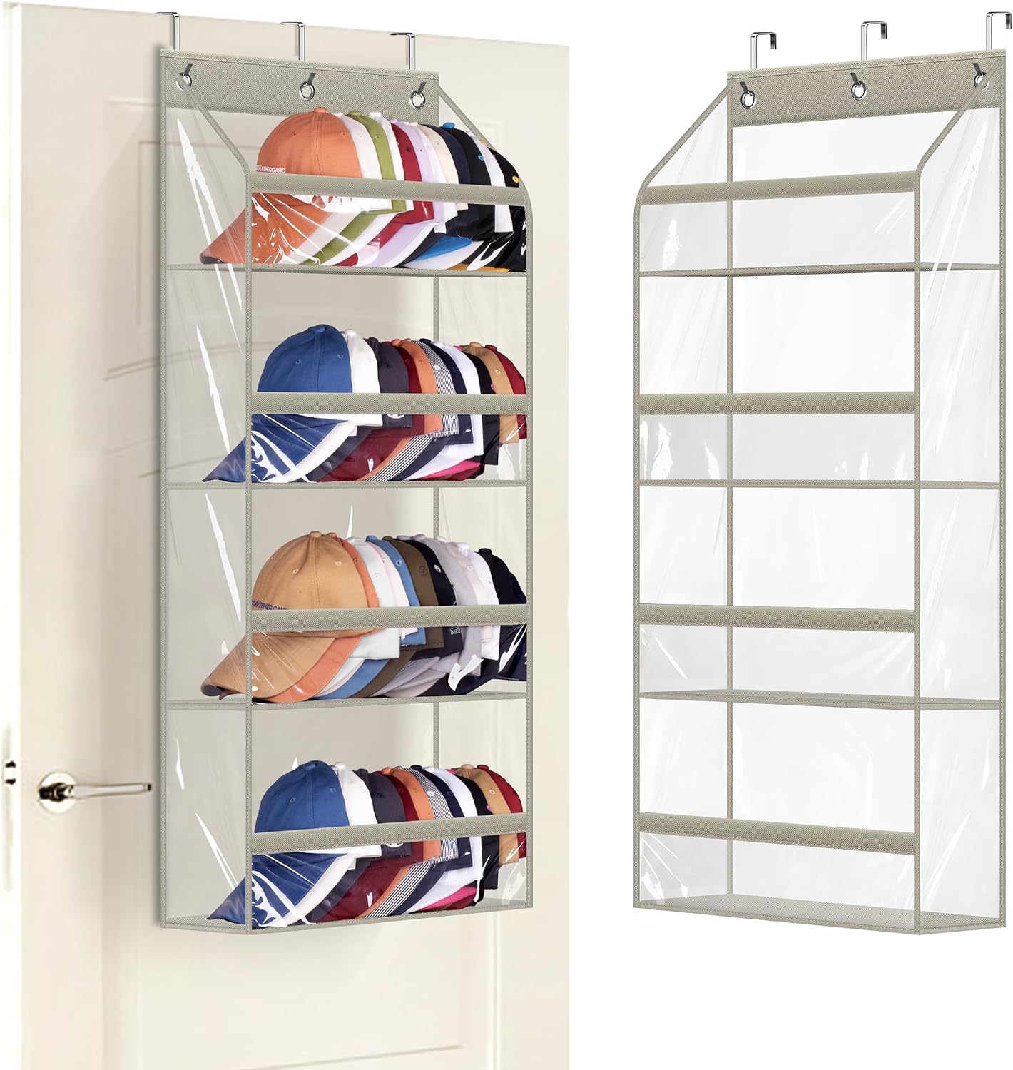 AOODA Clear Over the Door Hat Racks for Baseball Caps, Large Holds up to 72 Caps Hat Storage Organizer for Closet Wall, Deep Pockets Hanging Snapback Holder Shelves with 3 Hooks, White