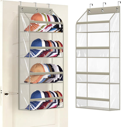 AOODA Clear Over the Door Hat Racks for Baseball Caps, Large Holds up to 72 Caps Hat Storage Organizer for Closet Wall, Deep Pockets Hanging Snapback Holder Shelves with 3 Hooks, White