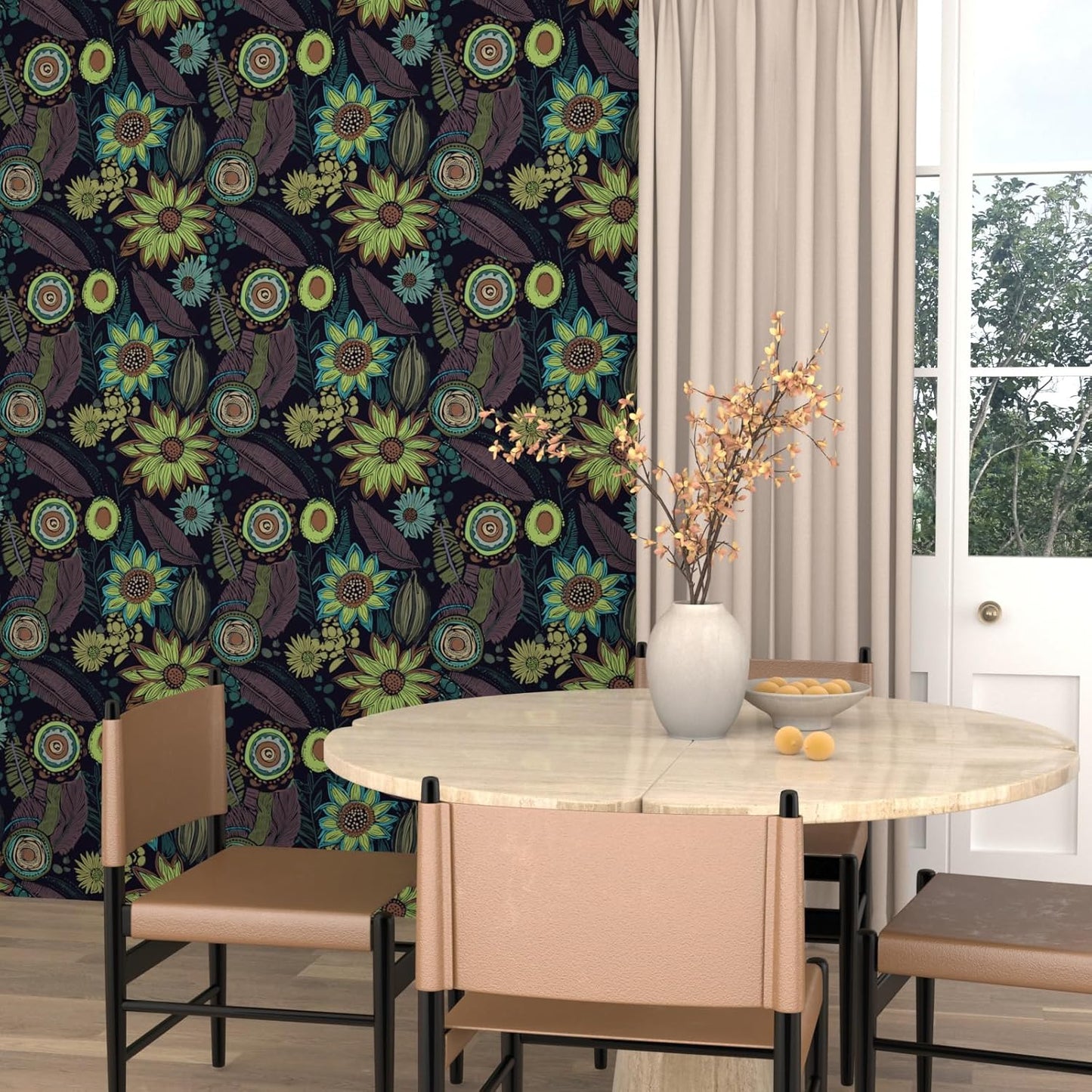 Blue Wallpaper Peel and Stick,Vintage Boho Floral Contact Paper 17.5" x 118", Retro Botanical Flower Wall Paper Self Adhesive Removable Waterproof for Walls Shelves Cabinet Table (Blue,Yellow, Green)