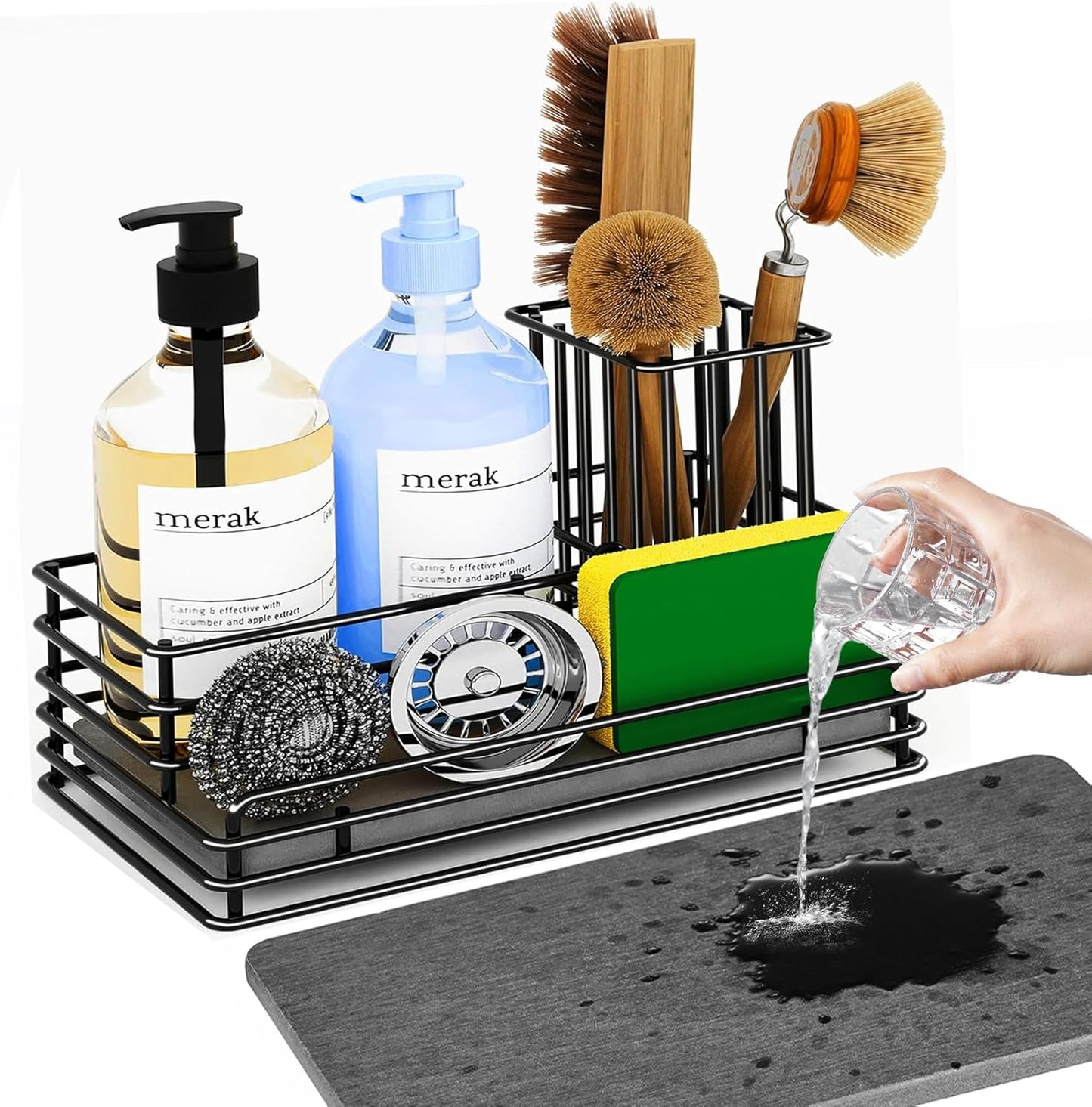 Yofidra Sponge Holder for Kitchen Sink, Sink Caddy Organizer with Stone Drying Mat, Kitchen Countertop Organizers and Storage Essentials, 304 Stainless Steel (Black, 9.3″)
