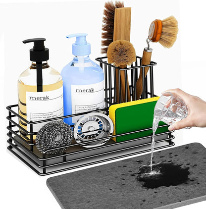 Yofidra Sponge Holder for Kitchen Sink, Sink Caddy Organizer with Stone Drying Mat, Kitchen Countertop Organizers and Storage Essentials, 304 Stainless Steel (Black, 9.3″)