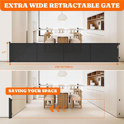 Pawtners Retractable Baby Gates Extra Wide, 41" Tall Extends up to 71" Wide, Dog Gate Indoor for Stairs, Pet Gate with Support Rods for Doorways Hallways Indoor & Outdoor-Black
