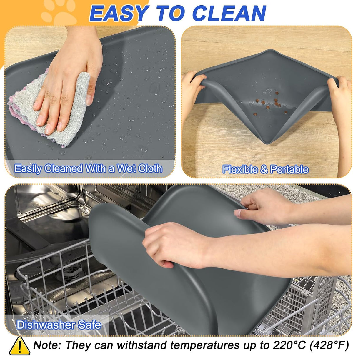 SMILOOL Silicone Pet Food Mat with Raised Edge for Food and Water Bowl, Dog Feeding Mats, Cat Food Trays for Floor Waterproof, Rubber Tray for Dogs and Cats, 19 x 12 x 0.7 Black