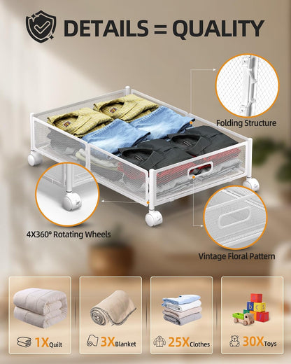 Under Bed Storage with Wheels, Foldable Metal Under Bed Storage Containers, 60L Rolling Underbed Storage, Easy Assembly Under The Bed Storage for Bedroom Clothes Shoes Blankets