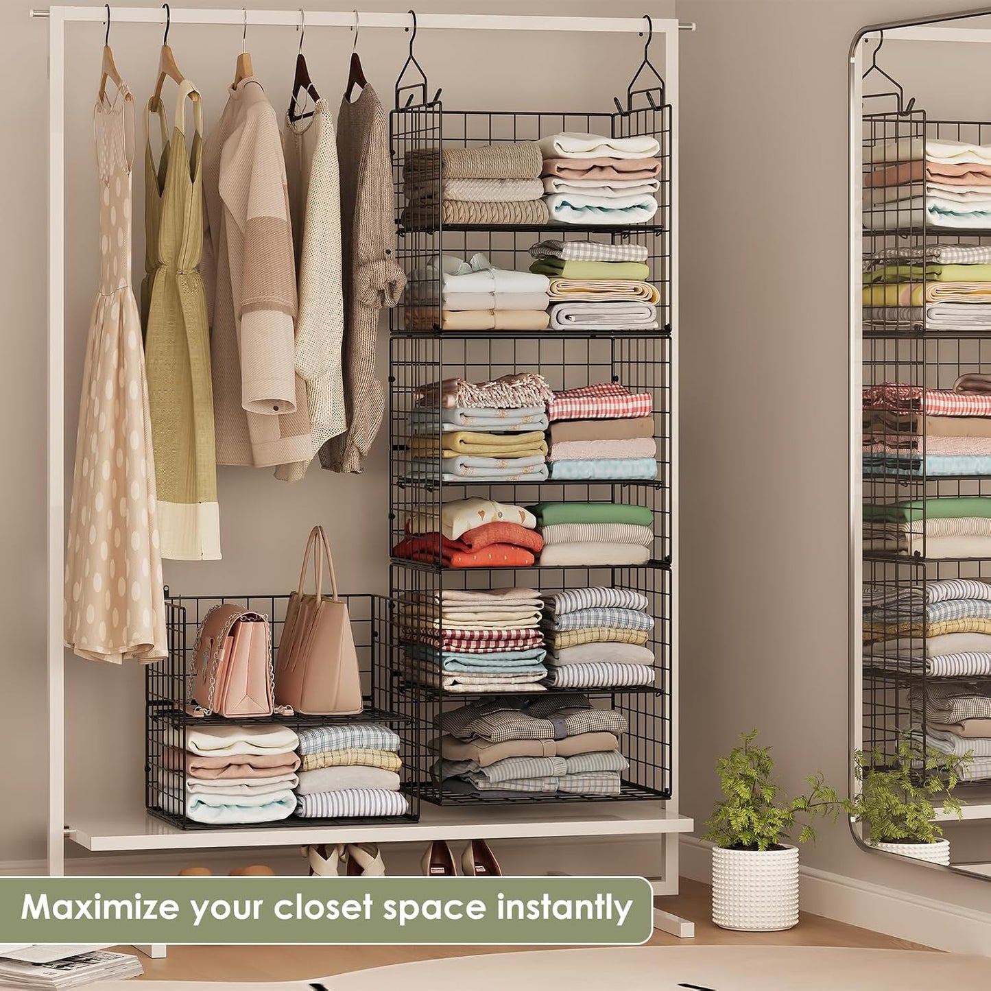 X-cosrack Closet Hanging Organizer Shelves - 5 Tier Wardrobe Organizers and Storage Bin, Hanging Organizer Shelves, Clothes Shelf with Adjustable Dividers for Bedroom Closet Sweater Shoes Handbag