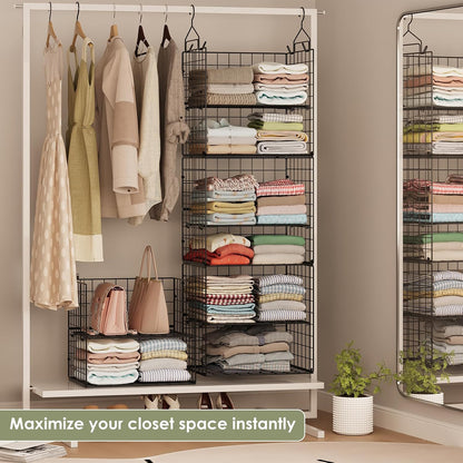 X-cosrack Closet Hanging Organizer Shelves - 5 Tier Wardrobe Organizers and Storage Bin, Hanging Organizer Shelves, Clothes Shelf with Adjustable Dividers for Bedroom Closet Sweater Shoes Handbag