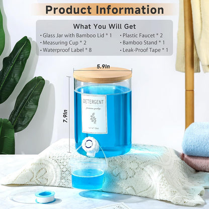 Glass Laundry Detergent Dispenser with Shelf & Bamboo Lid - 120 Oz Liquid Detergent, Laundry Soap & Fabric Softener Dispenser for Laundry Room Organization and Storage with 2 Cups & 8 Labels