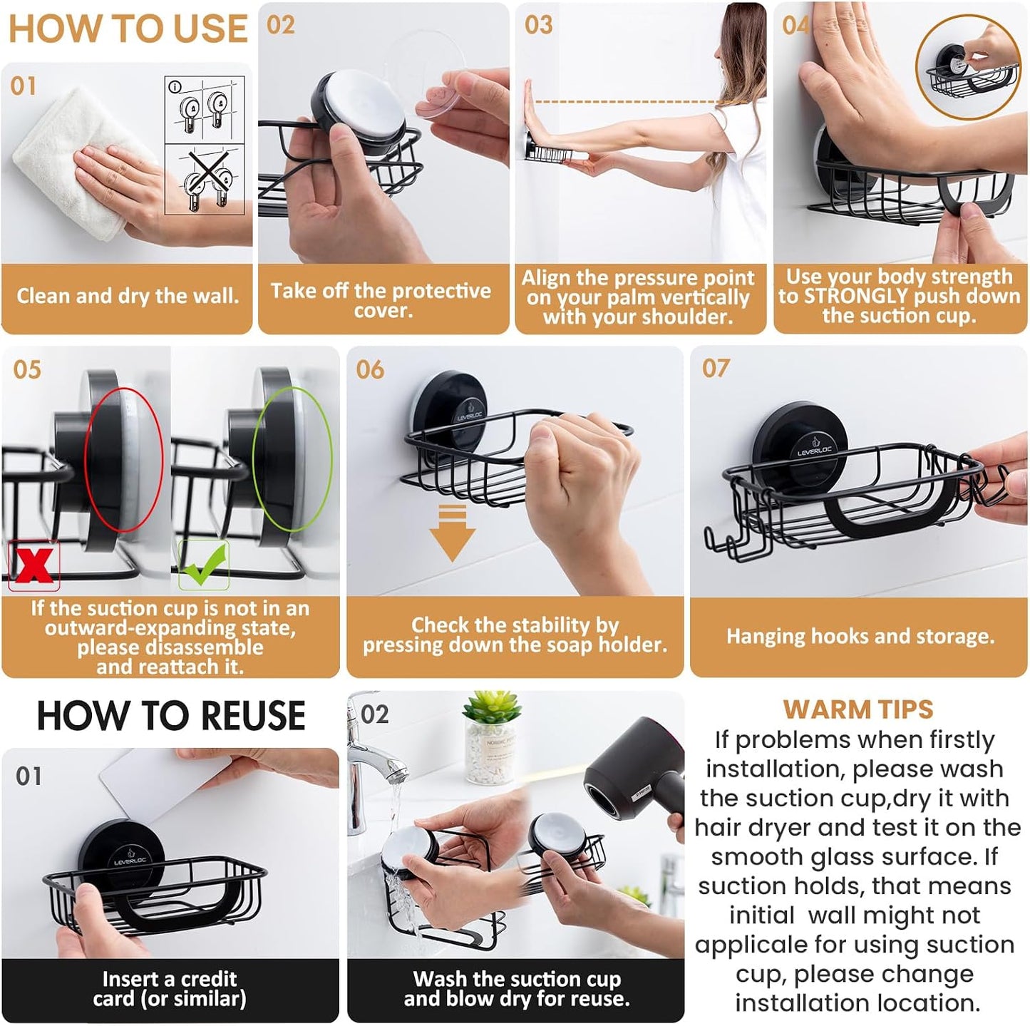 LEVERLOC Soap Dish Holder for Shower Suction Cup Wall Mounted Self Draining NO-Drilling Removable Bar Soap Sponge Holder for Bathroom Bathtub Kitchen Sink Waterproof Strong Vacuum Suction Adhesion