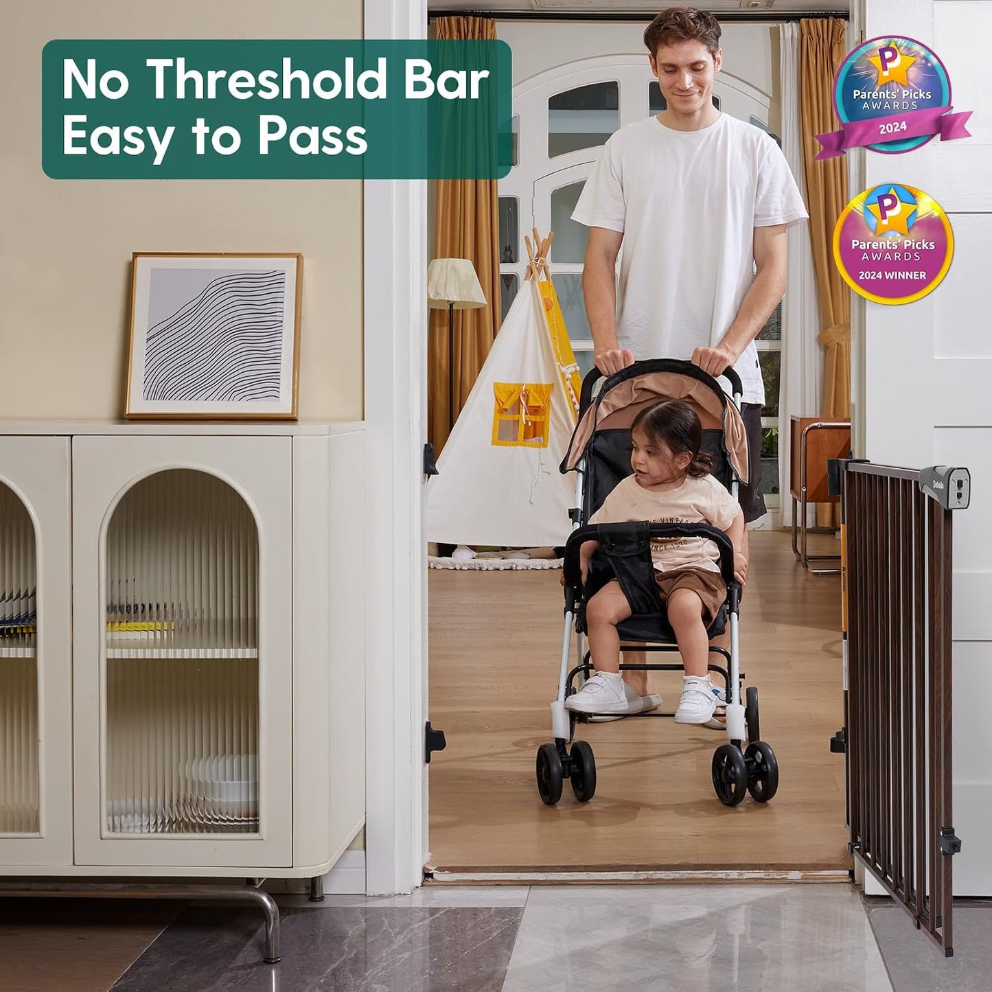Babelio Baby Gate for Stairs, Kitchen & Doorways, No Bottom Bar| One-Handed Operation| Auto-Close| Hardware Mount (Drill Needed) Safety Dog/Pet Gate (Black - B17, 26-43" W, 28" H)