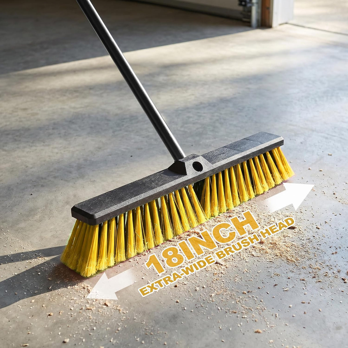 18" Heavy Duty Push Broom - 61" Adjustable 4-Section Metal Handle Stiff Flagged Hard Bristles Indoor Outdoor Floor Broom for Garage Patio Concrete Deck Shop Warehouse (Yellow, 18inches Wide)