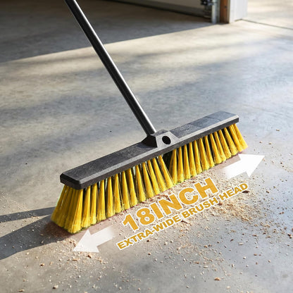18" Heavy Duty Push Broom - 61" Adjustable 4-Section Metal Handle Stiff Flagged Hard Bristles Indoor Outdoor Floor Broom for Garage Patio Concrete Deck Shop Warehouse (Yellow, 18inches Wide)