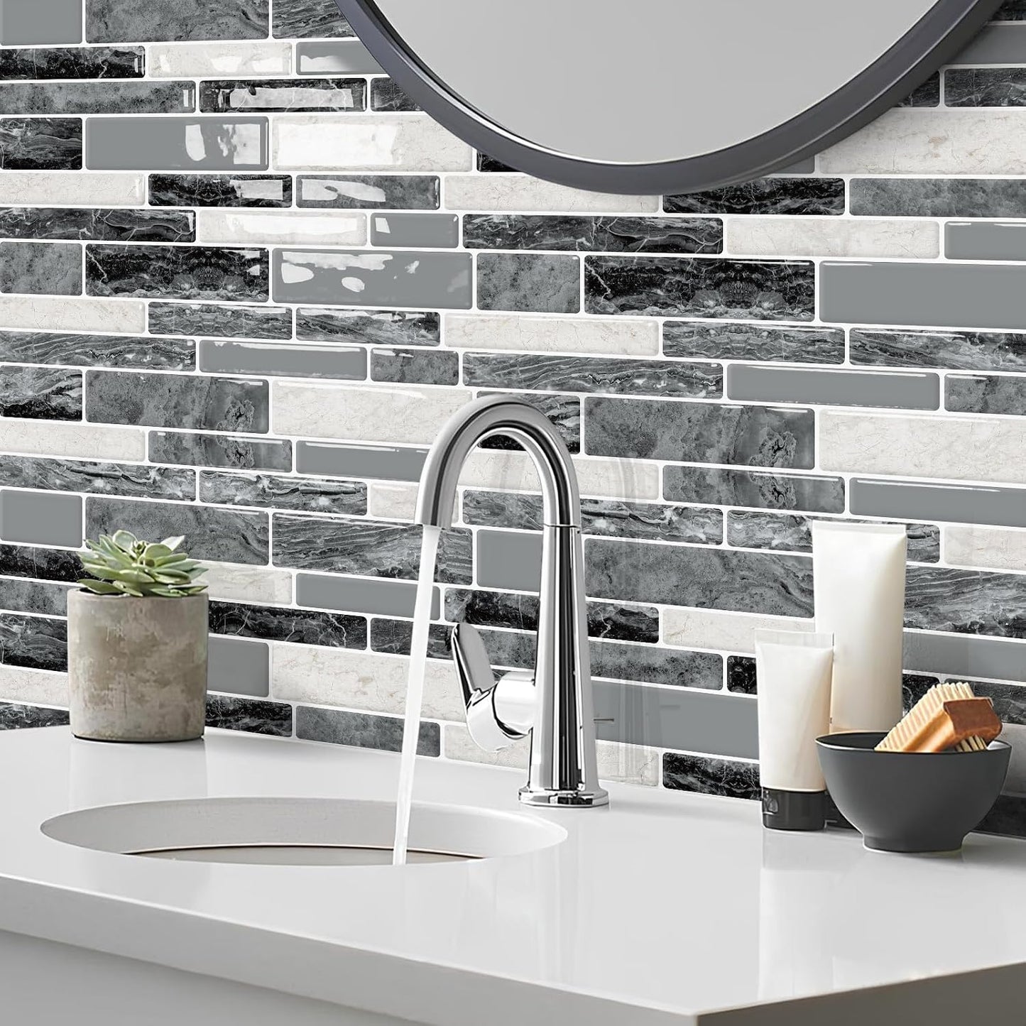 DEWOO Peel and Stick on Self Adhesive Backsplash Wall Marble Tiles Stickers 3D for Kitchen Bathroom,Spliced Blue (10-Sheet, 12"×12")