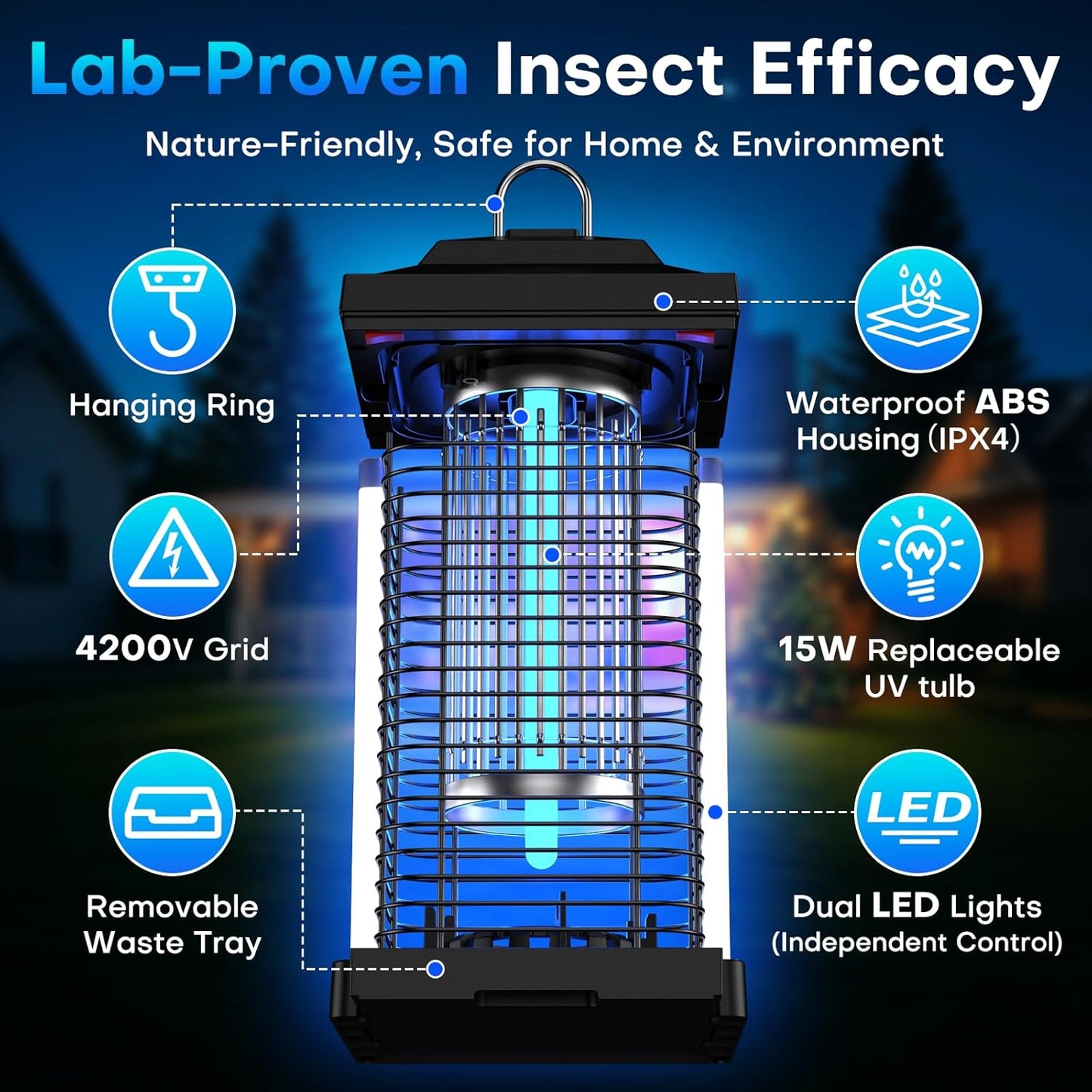 Bug Zapper Outdoor, Dual Wavelength UV 50000H Lifespan & Dual LED Lamps, 1/2 Acre Coverage, 5 Zaps/Sec, 4200V Electric Mosquito Zapper, IPX4 Waterproof Fly Trap for Indoor Patio Backyard