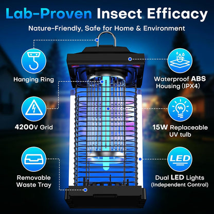 Bug Zapper Outdoor, Dual Wavelength UV 50000H Lifespan & Dual LED Lamps, 1/2 Acre Coverage, 5 Zaps/Sec, 4200V Electric Mosquito Zapper, IPX4 Waterproof Fly Trap for Indoor Patio Backyard