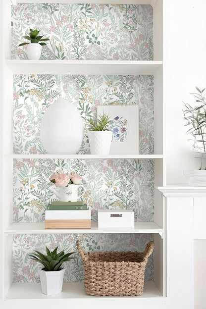 Safiyya Peel and Stick Wallpaper Floral Green and White Leaf Contact Paper for Cabinets 17.3"x 78.7" Self Adhesive Removable Wallpaper for Bathroom Renter Friendly Wall Paper Vinyl Roll