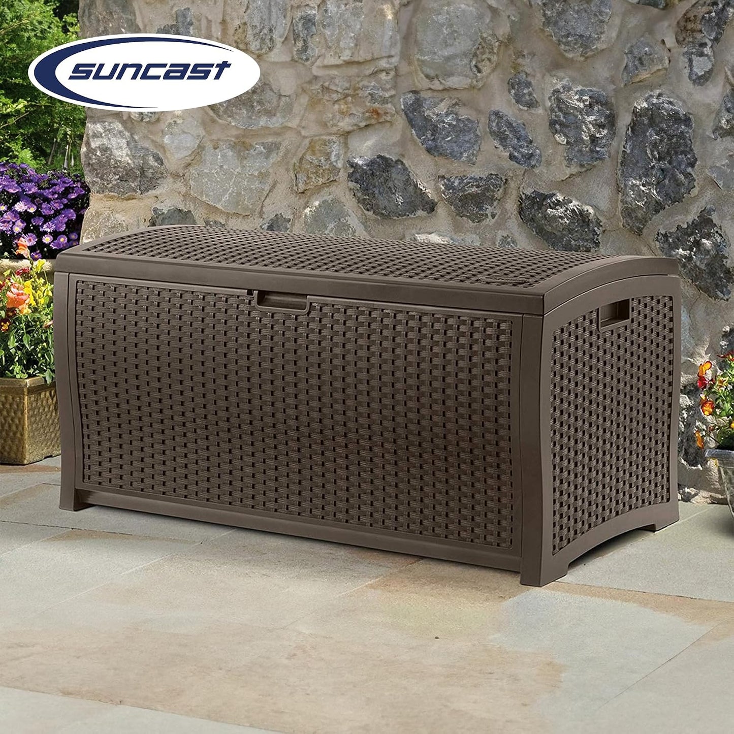 Suncast Outdoor Storage Box - 73 Gallon Mocha Brown Deck Box for Patio, weather-resistant Outdoor Storage Bench, Resin Wicker Style, Heavy-Duty, Lockable Lid for Cushions, Shoes, Pool & Garden Gear
