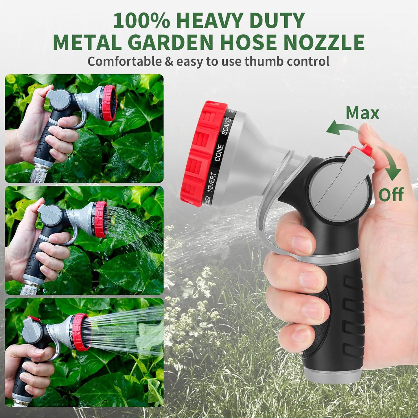 Hose Nozzle,Heavy Duty Metal Garden Hose Nozzles - 10 Spray Patterns Leak-Proof Hose Sprayer Nozzle with Thumb Control, High Pressure Water Hose Nozzle for Watering Plants, Car and Pet