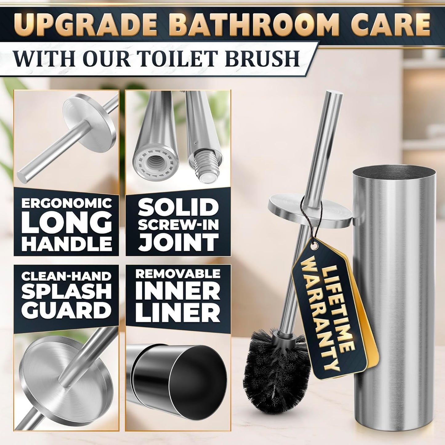 Black Toilet Brush and Holder Set - Slim Matte Design that Fits Anywhere - Stainless Steel Toilet Bowl Brush and Holder with 2 Rounded Corners, Replaceable Head, Removable Inner Bowl & Splash Guard