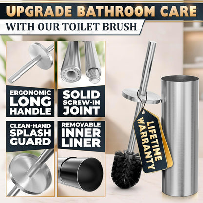 Black Toilet Brush and Holder Set - Slim Matte Design that Fits Anywhere - Stainless Steel Toilet Bowl Brush and Holder with 2 Rounded Corners, Replaceable Head, Removable Inner Bowl & Splash Guard