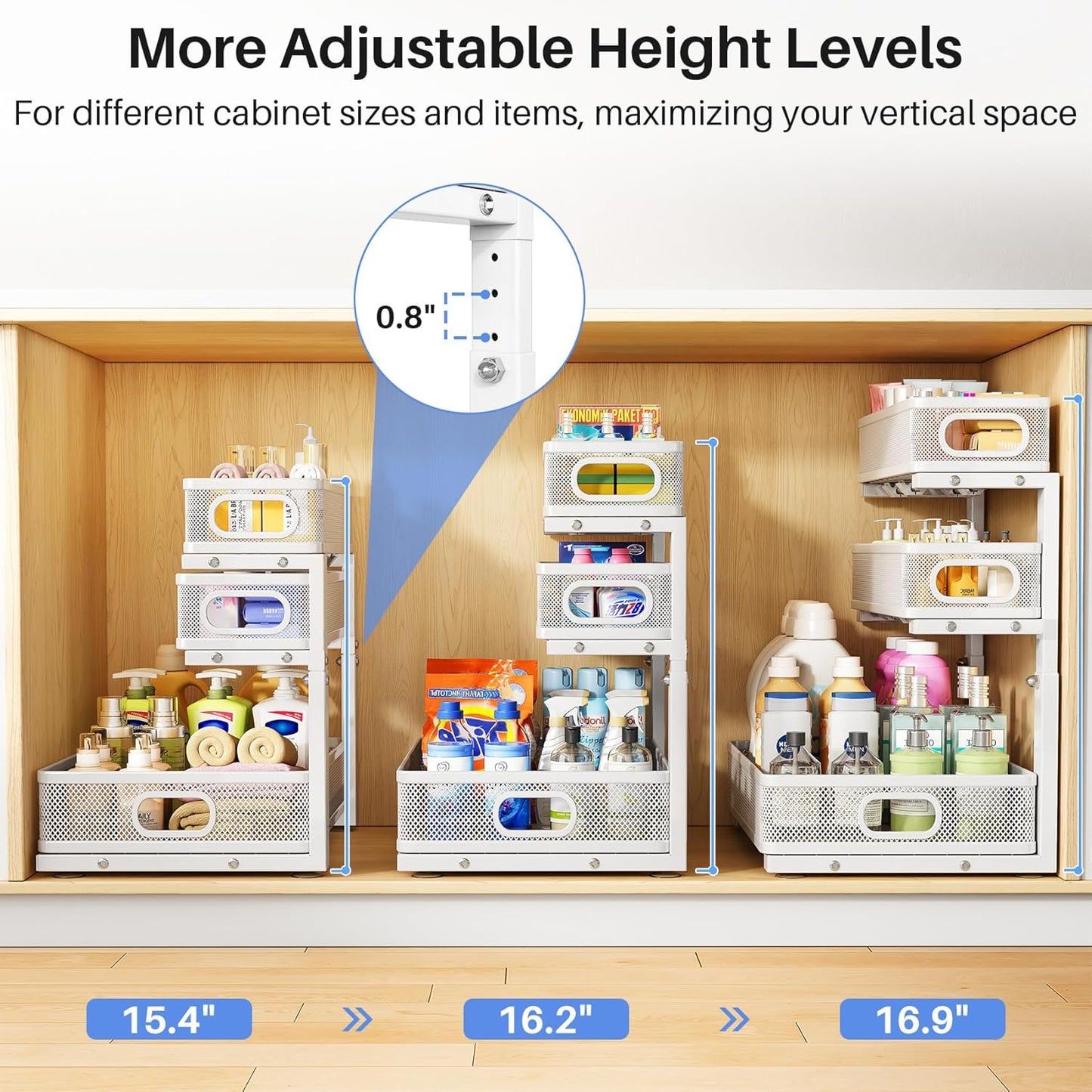 Under Sink Organizer, 2-Pack 3-Tier Thickened Metal Pull out Cabinet Organizer Shelf, Height Adjustable Slide out Storage Drawer Rack for Kitchen Bathroom Pantry Laundry Home Office Organization
