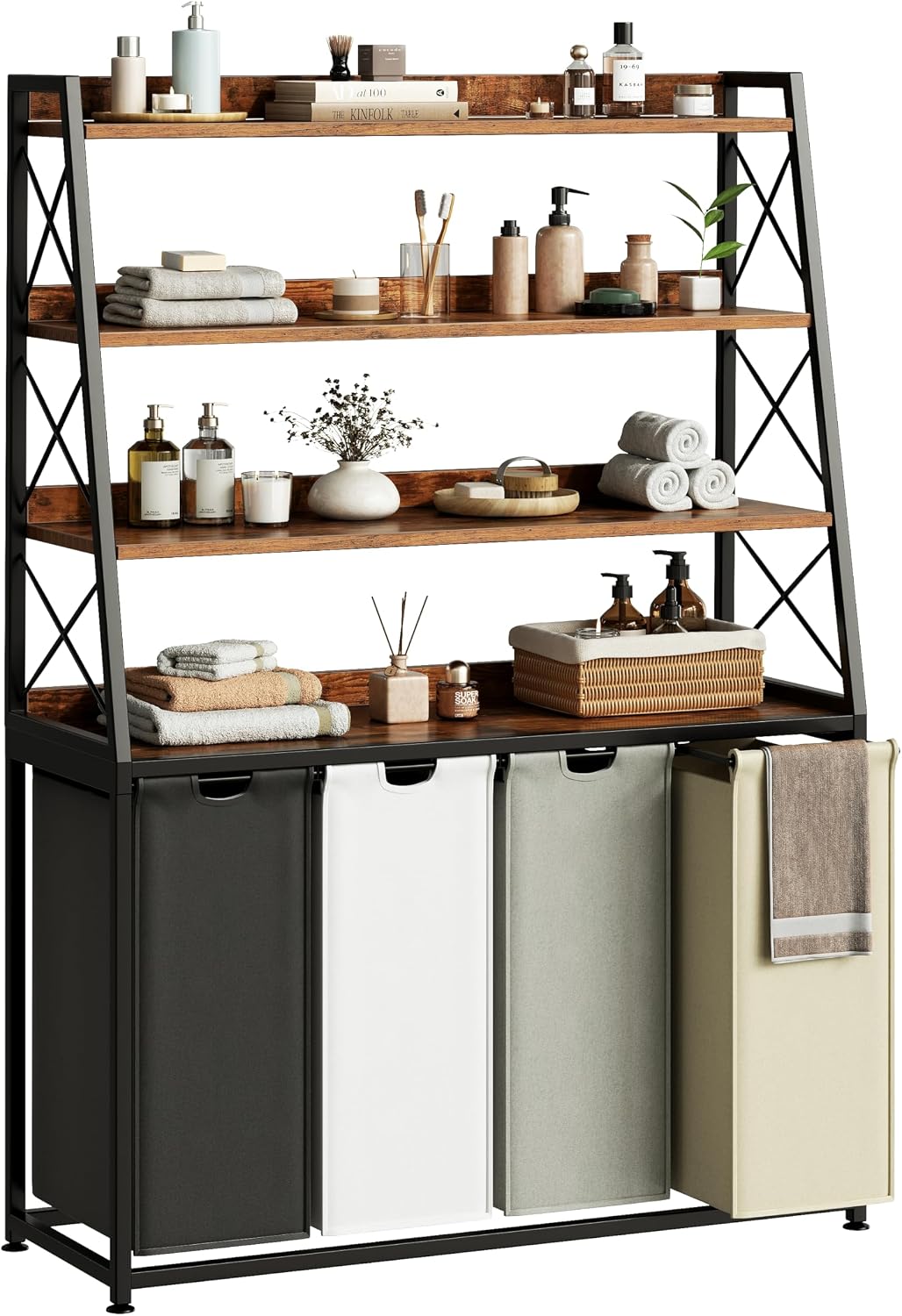 Herture Laundry Basket, 3 Section Laundry Hamper with 4 Tiers Shelf, Pull-Out and Removable Laundry Bags, Large 3 x 15.87 Gallons, for Laundry Room Bathroom Rustic Brown PF05XLN