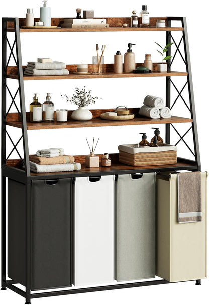 Herture Laundry Basket, 3 Section Laundry Hamper with 4 Tiers Shelf, Pull-Out and Removable Laundry Bags, Large 3 x 15.87 Gallons, for Laundry Room Bathroom Rustic Brown PF05XLN