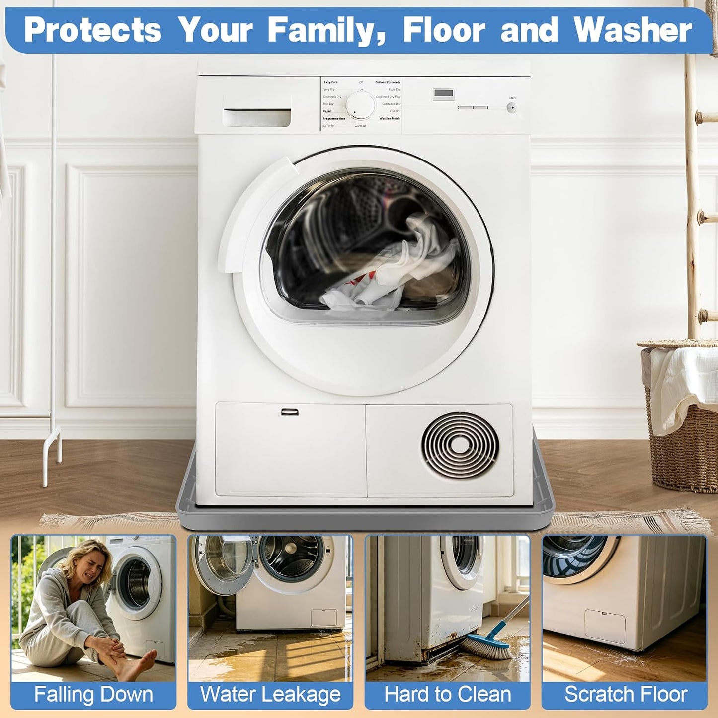 ToLanbbt 27" x 27" Washing Machine Drain Pan Mat, Soft Silicone Washer Drip Tray with 0.78" Raised Edge, Water-Proof Anti-Vibration Leak-Proof Floor Protector for Under Washer, Dryer, Fridge (Gray)