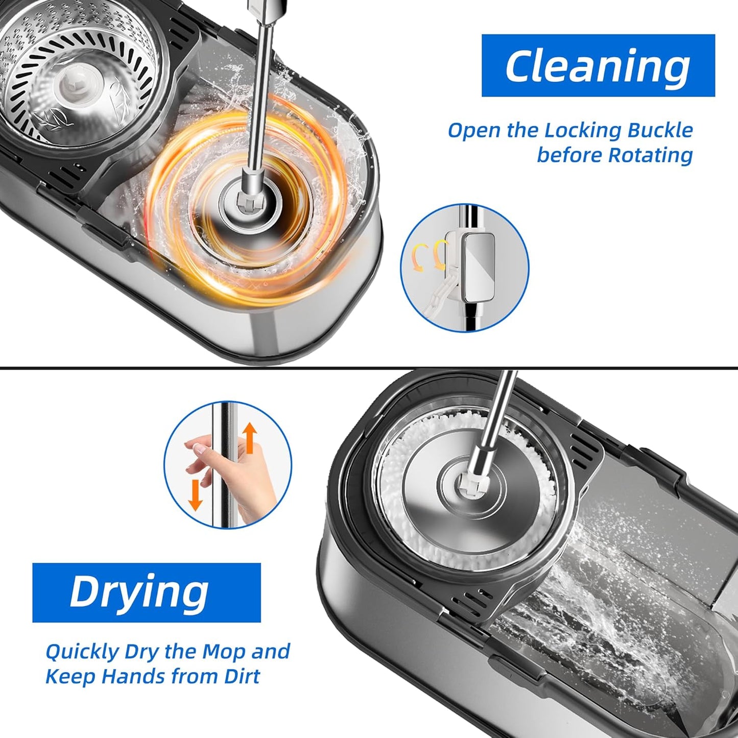 Spin Mop and Bucket with Wringer Set for Home,360° Mop and Bucket with Separate Clean and Dirty Water,Wet Dust Mop for Floor Cleaning with Extra Refills (Silver with 6 Pads)