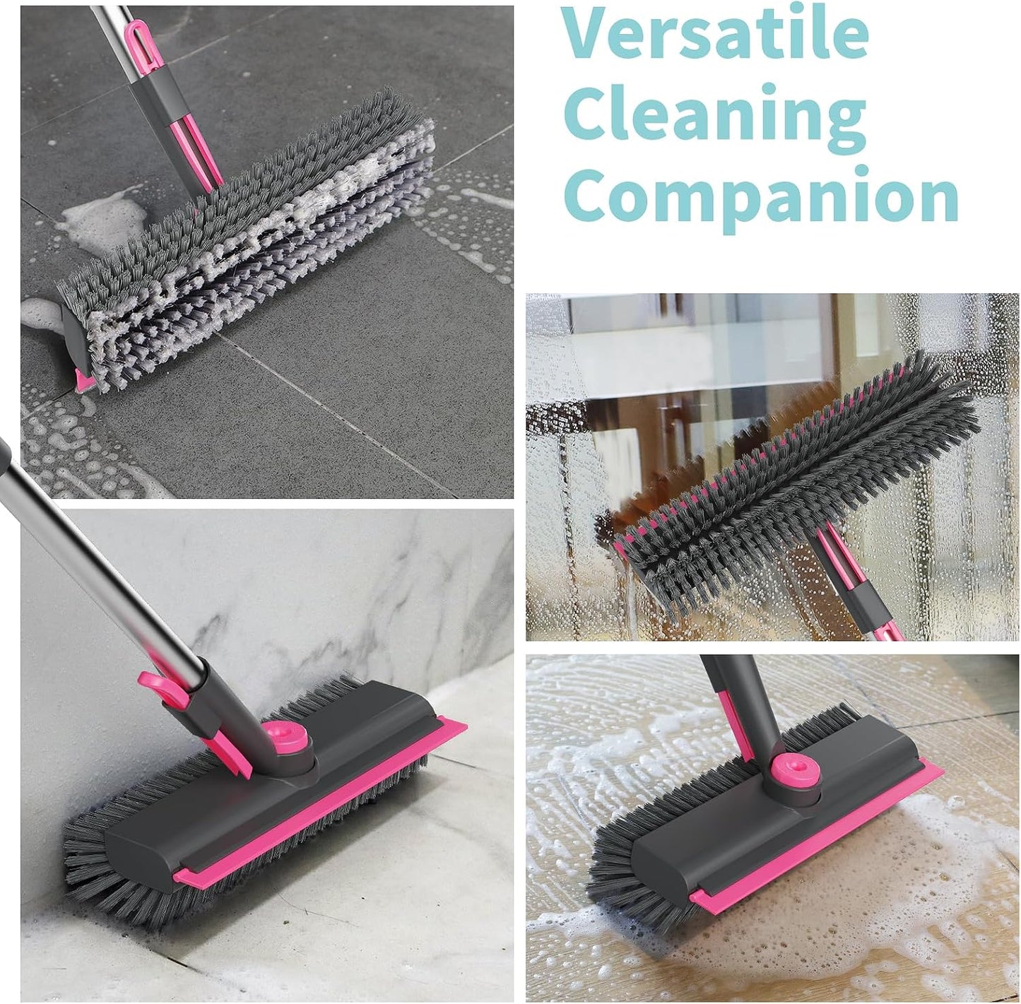 Floor Scrub Brush with Long Handle, 3 in 1 Scrape and Heavy-Duty Stiff Bristle Scrubber Brush Broom for Cleaning Shower Bathroom, Patio, Pool, Garage, Kitchen, Wall and Deck (White, 1 Pack)