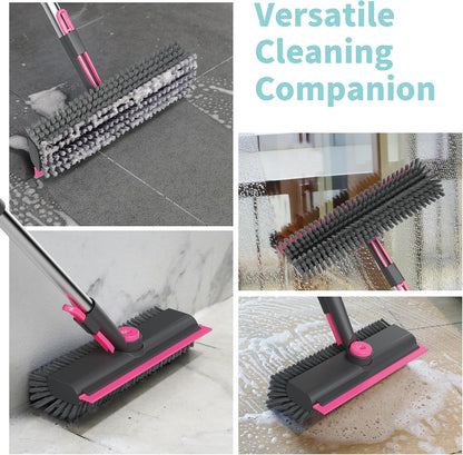 Floor Scrub Brush with Long Handle, 3 in 1 Scrape and Heavy-Duty Stiff Bristle Scrubber Brush Broom for Cleaning Shower Bathroom, Patio, Pool, Garage, Kitchen, Wall and Deck (White, 1 Pack)