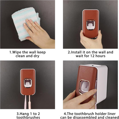 2 Slot Toothbrush Holder and Toothpaste Dispenser Wall Mounted, Automatic Toothpaste Squeezer, 2 in 1 Tooth Brush Toothpaste Organizer for Shower (Grey)