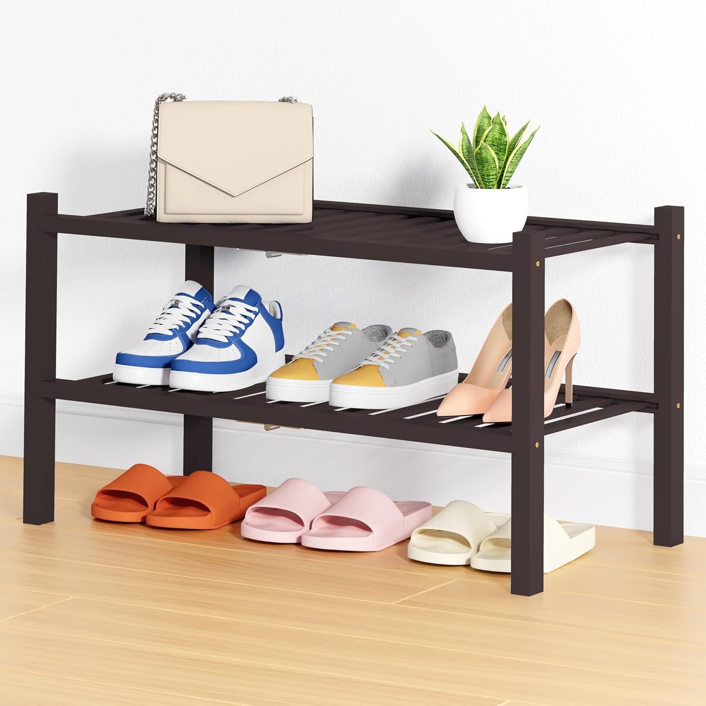 Smiry Bamboo Shoe Rack, 3 Tier Free Standing Wooden Shoe Organizer, Stackable Wood Shoe Storage Shelf for Closet, Entryway, 12 Vertical Slats, 2+1 Stack Standard Legs, 26.8"x11"x19.5", Natural