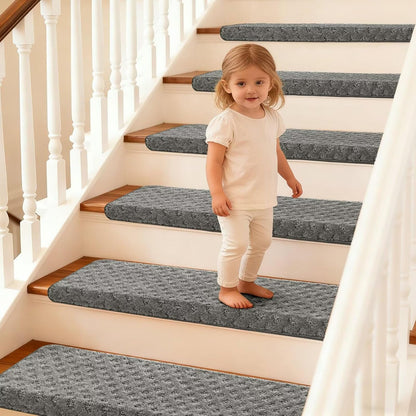 DEXDE Bullnose Stair Treads for Wooden Steps Non-Slip Stair Runner, 14 Pcs | Reusable bullnose carpet Stair Treads Indoor, Peel and Stick Stair Rugs with Edge Protection, Soft Washable, 30"x9.5" Grey