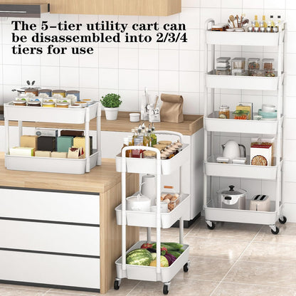 Sywhitta 4-Tier Plastic Rolling Utility Cart with Handle, Multi-Functional Storage Trolley for Office, Living Room, Kitchen, Movable Storage Organizer with Wheels, Black