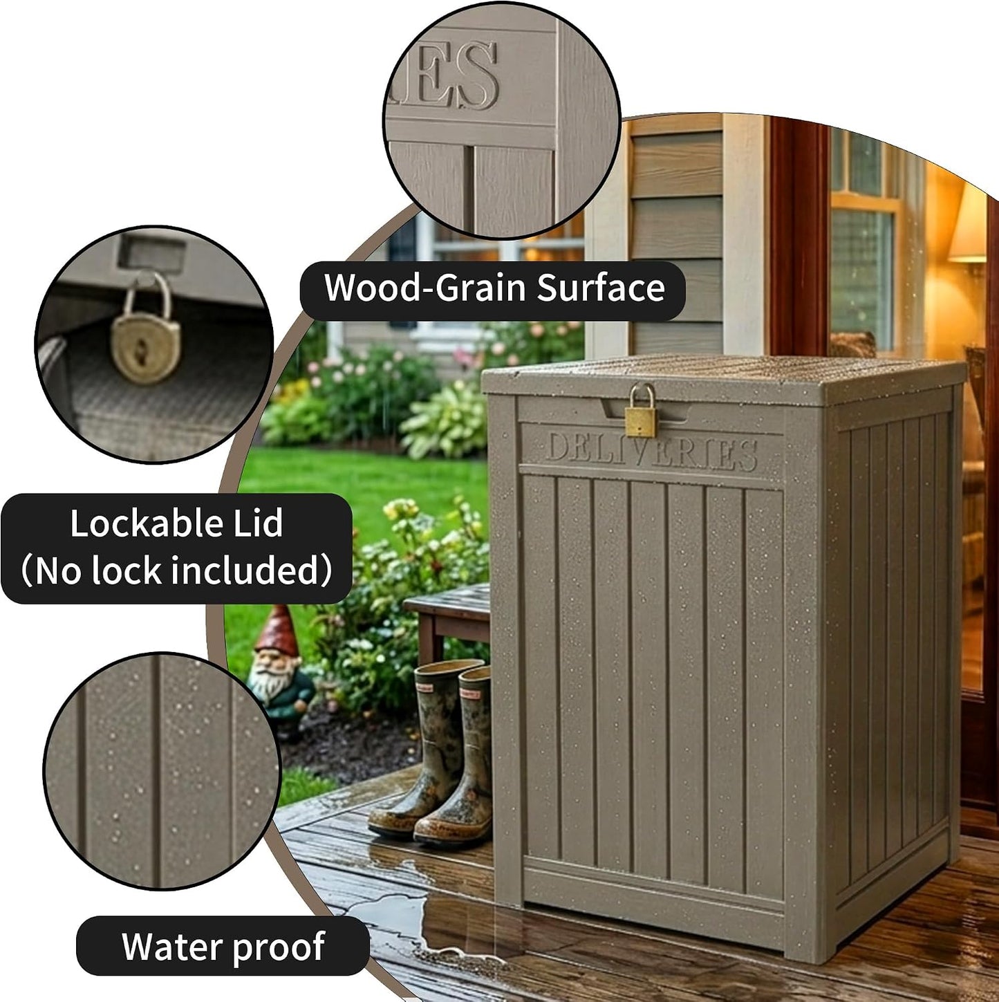 Package Delivery Box, Lockable Resin Outdoor Package, Waterproof Deck Box for Porches, Patios, Indoor & Outdoor Use (70 Gallon, Grey)