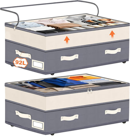 Dolicer 2 Pack Under Bed Storage with Wheels, 6in-10in Height Adjustable Underbed Storage Containers, 92L XXXL Under Bed Drawers Rolling Bin with Clear Lids for Dorm Shoes Clothes Organizers(Grey)