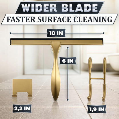 Shower Door Squeegee with Adhesive & Hanging Hooks, 12" Silicone Blade - Stainless Steel All-Purpose Squeegee for Shower Glass, Bathroom Mirror Cleaner Tool Suitable for Tile Walls - Multi-Surface Use