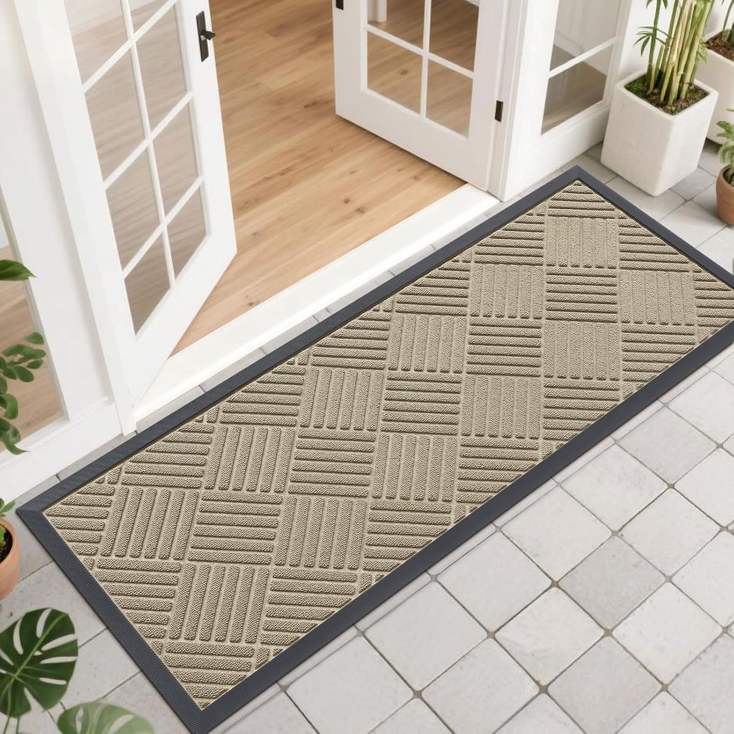 OLANLY Front Door Mat Outside Entrance 29.5x17, Absorbent, Heavy Duty Sturdy Natural Rubber Doormat Indoor Outdoor, Stain and Fade Resistant, Non-Slip Low Profile Floor Mat for Entryway, Grey Diamond