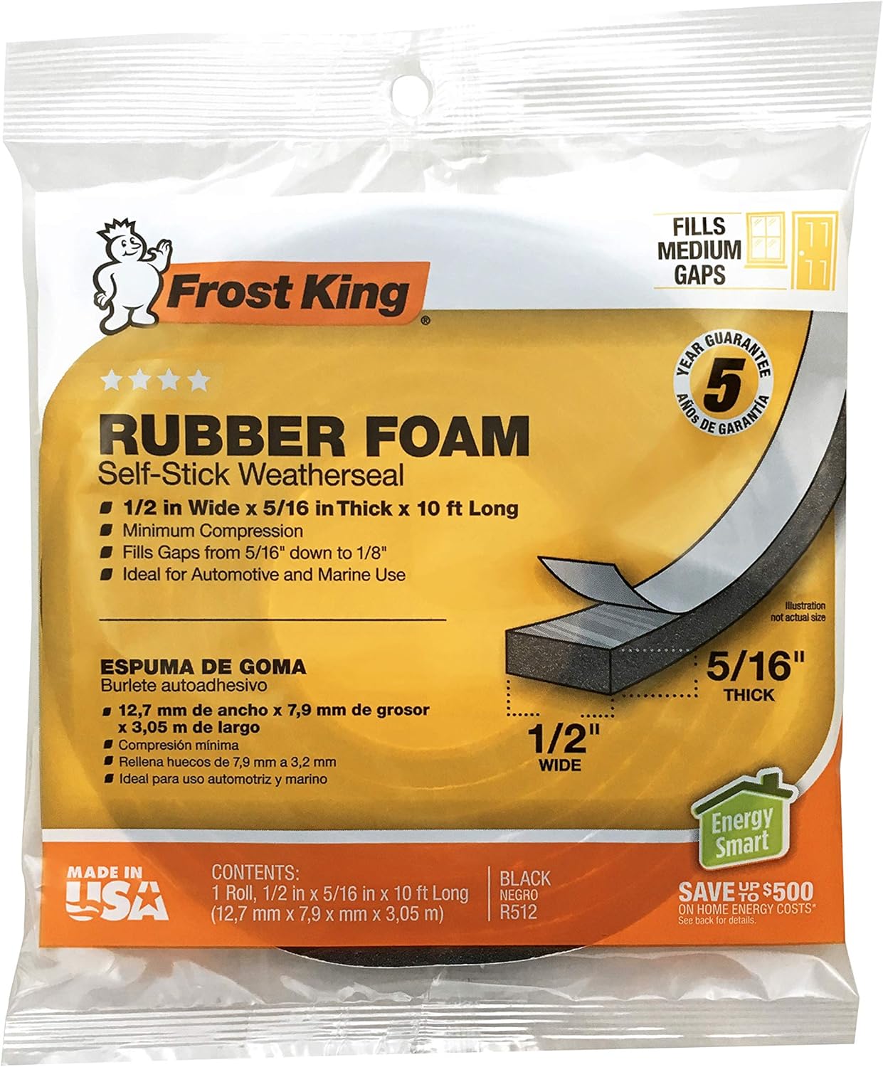Frost King R338H Self-Stick Rubber Foam Weatherseal, 3/8"W, 3/16"T, Black|Blacks