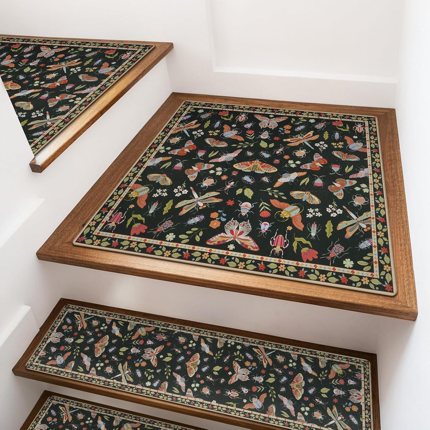 OJIA Insect Print Stair Treads Non Slip Stair Runners for Wooden Steps Indoor, 15PCS 8"x30" Rubber Backing Carpet Treads for Wood Stairs Staircase Step Treads for Kids & Dogs, Stair Covers, Black
