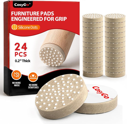 Felt Furniture Pads for Hardwood Floors - Non Slip Chair Leg Protectors with Silicone Grip Dots - Heavy Duty Anti-Scratch Floor Protection for Sofas & Tables, 1 Inch Round, 24 Pack, Beige