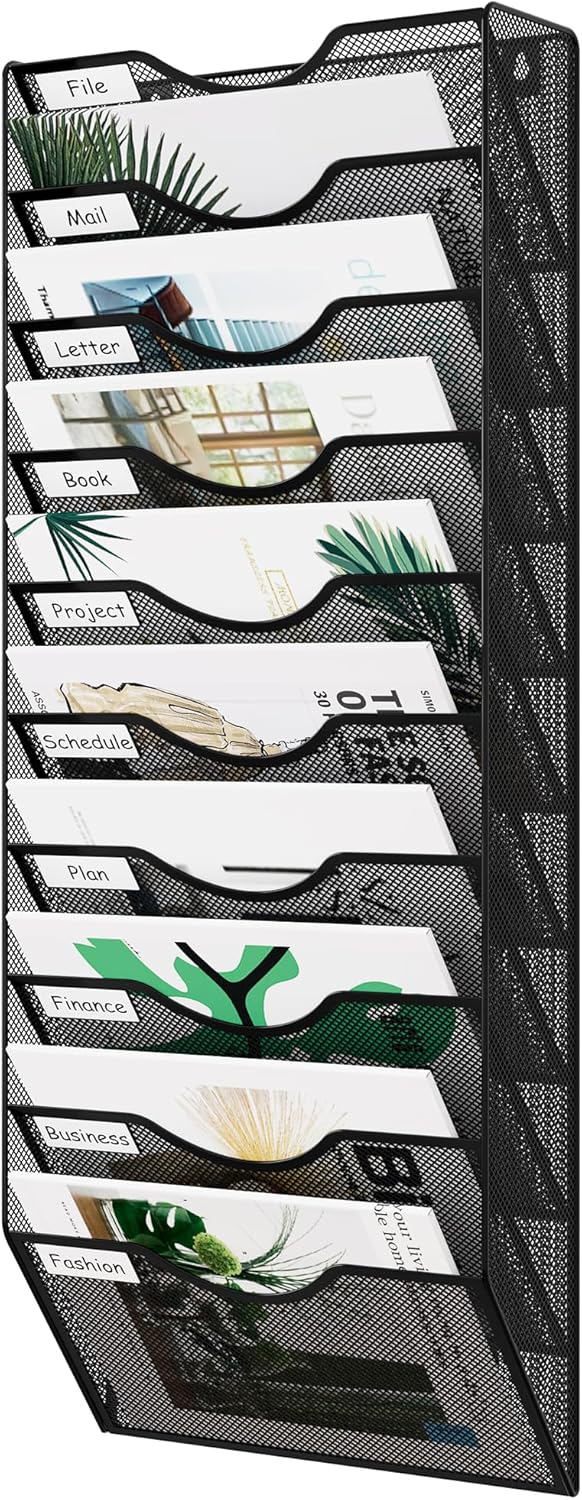 EasyPAG 5 Pocket Mesh Wall File Organizer with Key Hooks, Hanging Paper Folder Holder with Classify Label, Vertical Wall Mount Mail Organizer for Office Home Classroom, Black