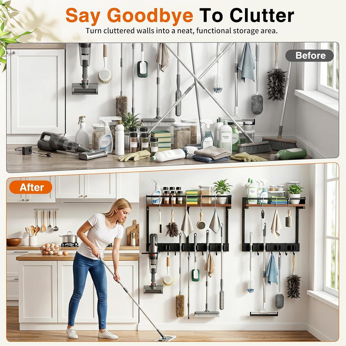 Broom Holder Wall Mount, Heavy Duty Broom and Mop Organizer Wall Hanging with Vacuum Stand, 5 Grippers & 10 Hooks, Utility Racks with Wood Shelf & Guard, Laundry Organization & Storage (S)