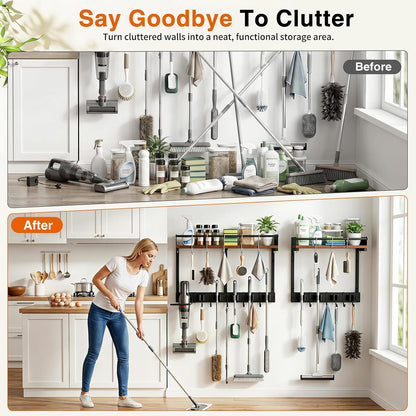 Broom Holder Wall Mount, Heavy Duty Broom and Mop Organizer Wall Hanging with Vacuum Stand, 5 Grippers & 10 Hooks, Utility Racks with Wood Shelf & Guard, Laundry Organization & Storage (S)